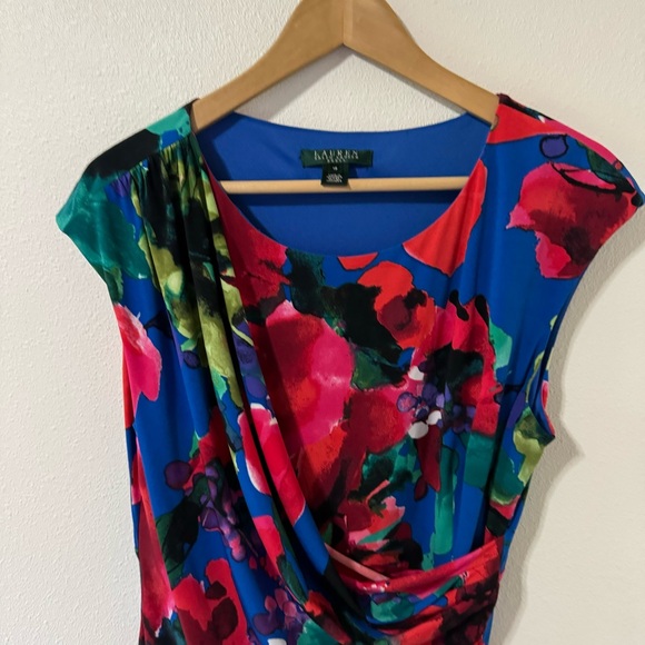 Lauren Ralph Lauren Multicolor Floral Ruched Faux Wrap Sleeveless Midi Dress-16 - Picture 3 of 8